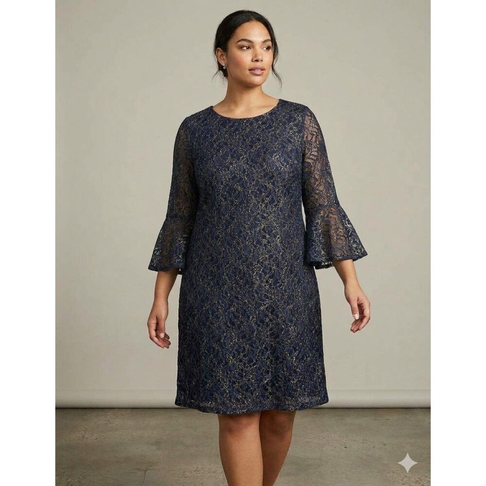 Tommy Hilfiger Sz 14 Navy & Gold Lace Bell-Sleeve Midi Dress, special event